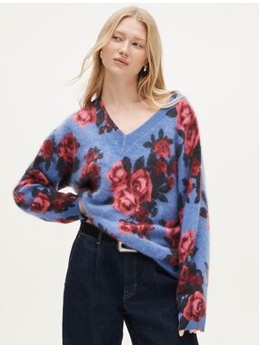 J.Crew Brushed cashmere relaxed V-neck sweater MEDIUM  in floral print